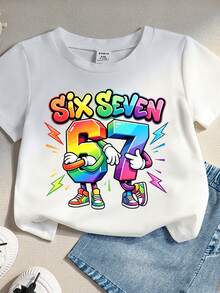 Souflis Souflis 幼兒 2 件套配色休閒創意漸層數字 67 與閃電圖案 T 恤及配套漸層數字 67 短褲套裝，韓系街頭風，返校穿搭 - 彩色 - 查看 4