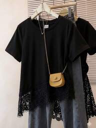 Elladie kids 1 pièce T-shirt à manches courtes col rond avec ourlet en dentelle pour filles, tissu doux et confortable, design pull asymétrique avec patchwork de dentelle, convient pour le quotidien, les trajets, la rentrée scolaire, les courses et les vacances