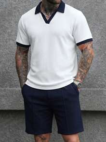 Manfinity CasualCool 男士紋理多色成熟休閒 Polo 衫套裝，適合度假、日常穿著、約會，送給丈夫或男友的禮物 - 彩色 - 查看 1