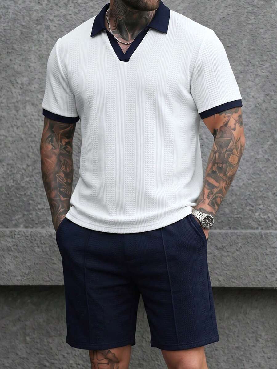 Manfinity CasualCool 男士紋理多色成熟休閒 Polo 衫套裝,適合度假、日常穿著、約會,送給丈夫或男友的禮物 - 彩色 - 查看 1