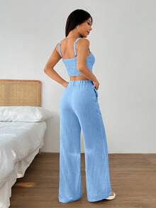 SHEIN EZwear 女款夏季休閒淺藍色方領鈕扣背心＋寬鬆寬腿長褲兩件套 度假穿搭 - 藍色 - 查看 2