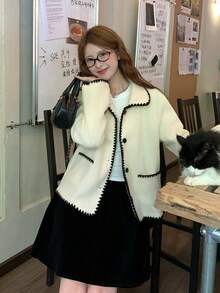 DAZY Women's Autumn/Winter Colorblock Trim Overcoat School - Apricot - View 5