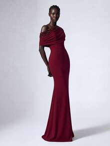 Elitara Elegant Sequin Patchwork Elastic Knit Asymmetric Ruffle Fishtail Maxi Dress, Women's Formal Evening Gown Wedding Party - Burgundy - View 6