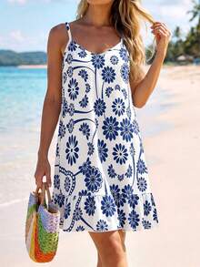 SHEIN LUNE Vestido camisola mini con estampado y volantes en el bajo para mujer - Multicolor - Ver 4