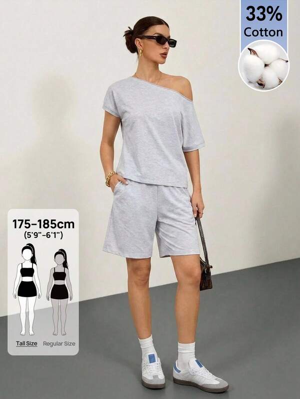 SHEIN Tall 2026女款春夏度假系列：新款灰色短袖露肩針織上衣與短褲套裝。休閒美式復古風。適合居家、外出、海灘、時尚造型、休閒、通勤、度假、浪漫場合及日常穿著。多樣化穿搭選擇。適合日常穿著、休閒造型、度假、郵輪、海灘、日光浴、熱銷款、街頭風、婚禮賓客穿著、波希米亞風、通勤、早午餐及機場穿搭。