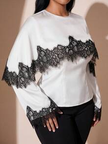 Veilorie Plus Size Women Lace Patchwork Casual Versatile Daily Wear Blouse Fall - White - View 7