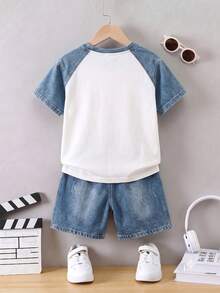 1套男童時尚可愛小狗印花休閒圓領短袖T恤與短褲，簡約百搭，適合日常穿著，時尚帥氣休閒風 - 彩色 - 查看 2