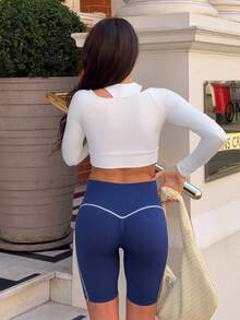 Harriette Anya Women Open Shoulder Long Sleeve Casual Sporty T-Shirt & Tank Top, Solid Color Sports - White - View 2
