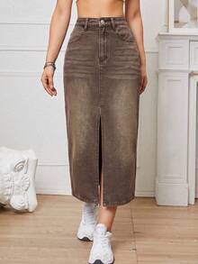 SHEIN EZwear 休閒水洗開衩下擺牛仔裙 - 摩卡棕 - 查看 5