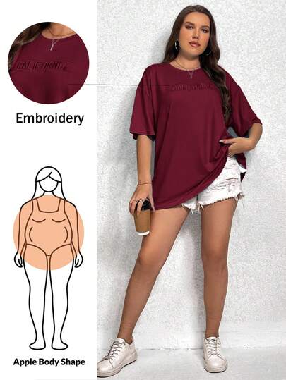SHEIN Essnce Plus Embroidery Letter Pattern Drop Shoulder Tee Plus Size T Shirt Girls