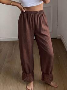 Napfluff Brown Lace Patchwork Home Pants, Minimalist Slimming Textured Elastic Waist Casual Sleepwear - Brown - View 4