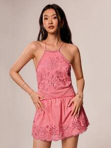 Willow Rêve Women's Pink Embroidered Spaghetti Strap Mini Ruffle Dress, Romantic Vacation Style, Valentine's Day, Boho Style - Pink - View 4