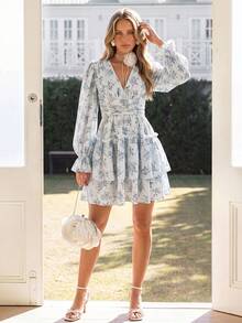 KARISMINA Women's Vacation Woven Printed V-Neck Long Sleeve Mini Dress - White - View 9