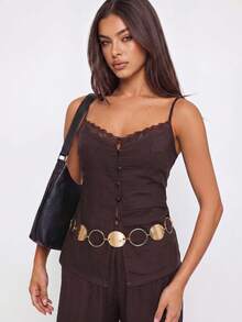 Avantive 女款素色單排扣對比蕾絲細肩帶背心 - 棕色 - 查看 4