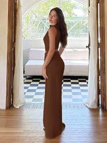 Cloudara Chic Simplicity: Round Neck Draped Crop Top And Matching Bottoms Set - Brown - View 2