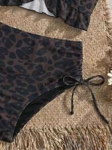 Swim Lushoire 女款海灘度假風荷葉邊抽繩性感豹紋細肩帶比基尼上衣 - 彩色 - 查看 4