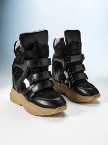 Solezae 2026新款魅力超级玛兰托黑白高帮魔术贴搭扣绗缝加厚鞋领隐形坡跟女式运动鞋 - 黑色 - 查看 1