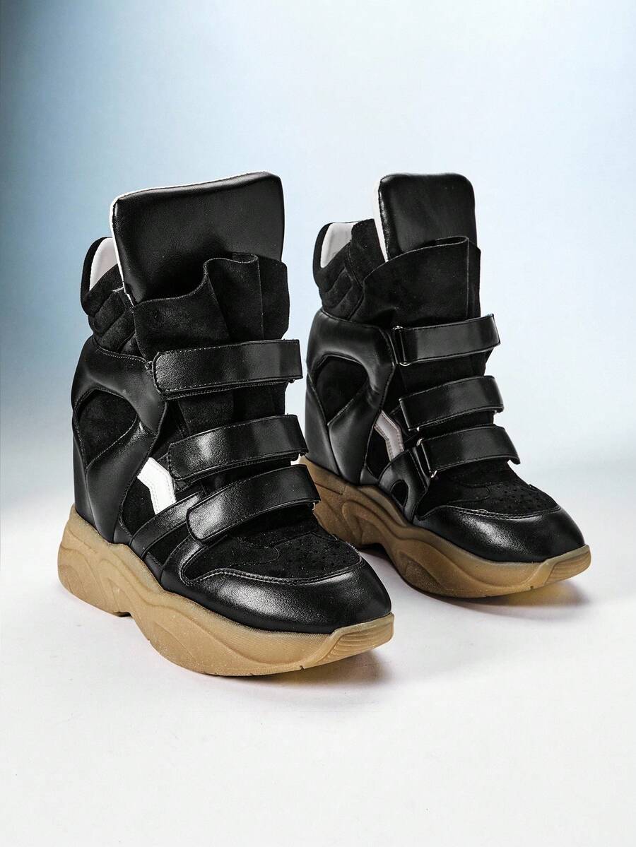 Solezae 2026新款魅力超级玛兰托黑白高帮魔术贴搭扣绗缝加厚鞋领隐形坡跟女式运动鞋 - 黑色 - 查看 1