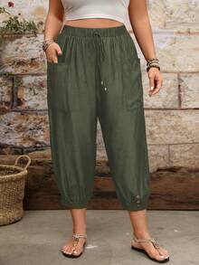 EMERY ROSE Casual Cuffed Pants With Drawstring Adjustable Waist And Side Patch Pockets, Plus Size Fall - Army Green - View 6