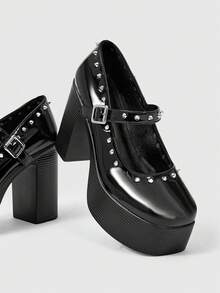 Sugerpunk Women's High-Heeled Thick-Soled Thick-Heeled Sandals, Punk Style, Dark Retro Square Toe, Rivet Circumference Design, Thick-Soled Shoes - Black - View 4