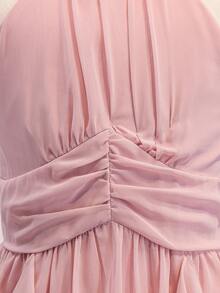 Tween Girls Elegant Back To School Party Wedding Pink Chiffon Halter Neck Hi Waist Cinched Dress - Pink - View 6