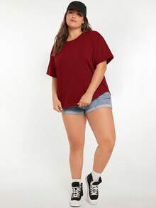 SHEIN BASICS 大尺碼夏季休閒百搭純色短袖T恤 - 酒紅色 - 查看 5