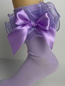 ROMWE Kawaii Calcetines tubo con volantes de malla y lazo en contraste para mujer - Morado claro 96 - Ver 2