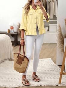 EMERY ROSE Chaqueta vaquera casual de uso diario de un solo pecho de color liso para mujer de talla grande - Amarillo - Ver 5