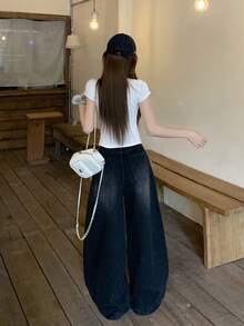 DAZY Celana Jeans Wanita Gaya Jalanan Korea dengan Bordir Huruf Inggris dan Rhinestone untuk Musim Gugur - Dark Grey - View 2