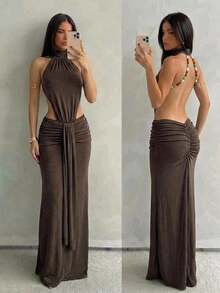 Aloruh Women's High Neck Off-Shoulder Backless Beaded Extra Long Mermaid Glitter Ice Silk Dress - Brown - View 2