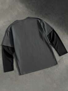 EASEVO Plus Size Men's 2 In 1 Patchwork Pentagram Pattern Casual Daily Long Sleeve T-Shirt - Dark Grey - View 2