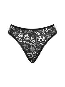 AltCore Halloween Black & White Spider Web Skull Graffiti Print Lace Trim Thong Panties, Dark Style Women's Underwear 2-Piece Set - Multicolor - View 9