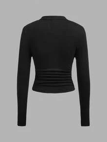 SHEIN EZwear 秋季新品青蛙鈕扣休閒極簡針織純色三件套圓領抓皺長袖女款T恤，秋季上衣，適合日常通勤、約會、派對、秋冬/夏季、聖誕節、新年、海灘、畢業典禮、時尚、休閒、Y2K、外出、畢業典禮等場合 - 彩色 - 查看 4