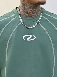 Devon Thys Men's Geometric Print Contrast Stitching Crew Neck Long Sleeve Casual T-Shirt - Green - View 6