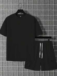 Manfinity Homme 男士大尺碼短袖T恤與短褲兩件套 - 黑色 - 查看 3