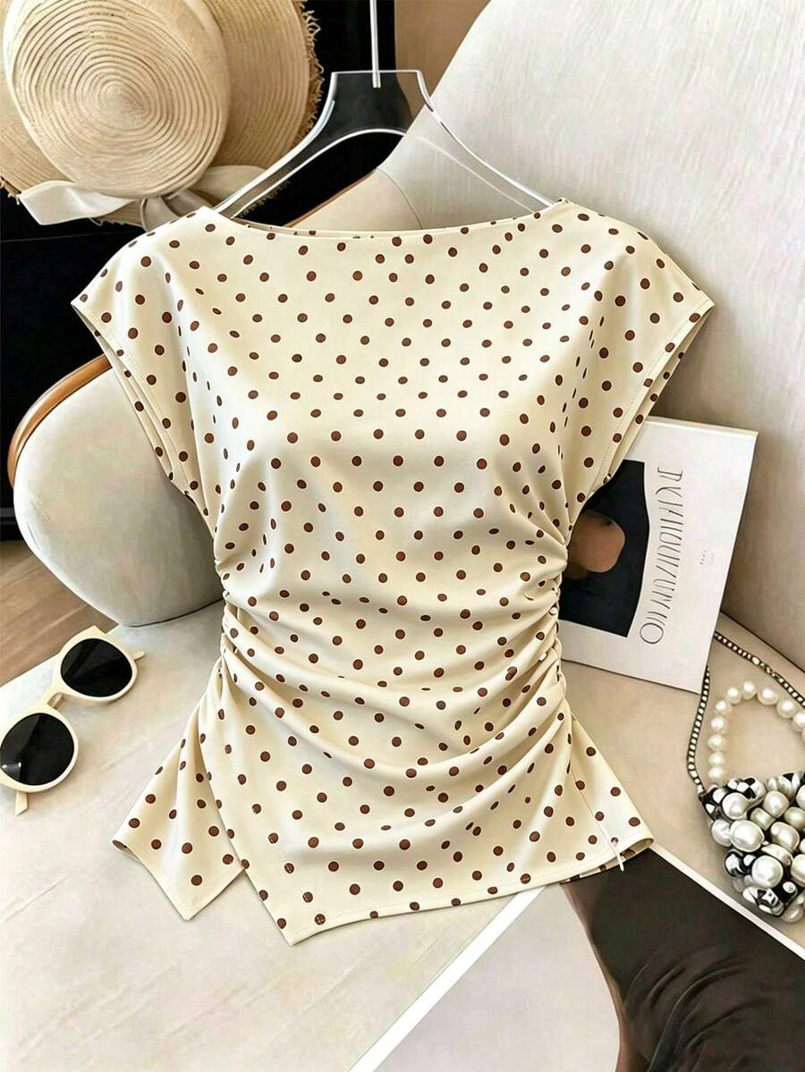 SHEIN Franclia 女款棕色與白色波點襯衫,修身腰線開衩下擺上衣,夏季穿搭,通勤辦公早午餐派對,優雅70年代休閒上衣 - 杏色 - 查看 1