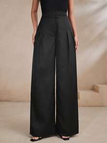 Anewsta Essential Urban Modern Retro Professional Commute Casual Versatile Solid Black High Waist Contrast Trim Design Drape Long Women's Suit Pants - Black - View 6