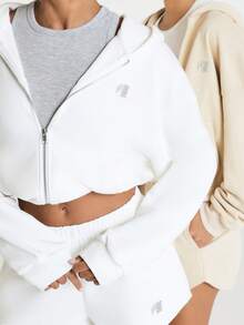 11SKNDS Cropped Zip-Up Hoodie With Oversized Relaxed Fit, Ribbed Hem, Soft Fleece, Casual Everyday Layering Essential For Fall Winter - White - View 3