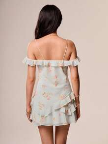 Willow Rêve Women's Light Green Spaghetti Strap Ruffle Cinched Waist Mini Dress, Romantic Vacation Style, Valentine's Day, Boho Style, Pastoral Style, Travel - Green - View 2
