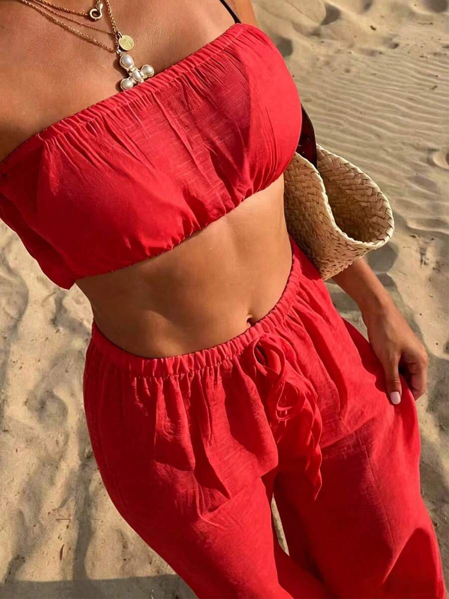 SHEIN Swim 兩件式純色女士泳衣套裝，無肩帶上衣搭配長褲，優雅熱帶歐式度假風，適合海灘度假，紅色夏季款