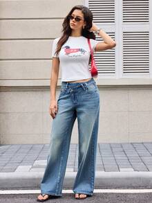 SHEIN New Women's Cross Waist Pocket Vintage Washed Blue Casual Versatile Wide Leg Denim Jeans, Suitable For Daily Wear, Campus Style, Y2K Millennium Style, Streetwear - Medium Wash - View 3