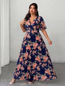 Elenzga Plus Size Women's Summer Navy Blue Floral Dress, Short Sleeve Ruffle Sleeve Deep V-Neck Cinched Waist Pleated Maxi Dress, Elegant Party Wedding Guest - Navy Blue - View 5