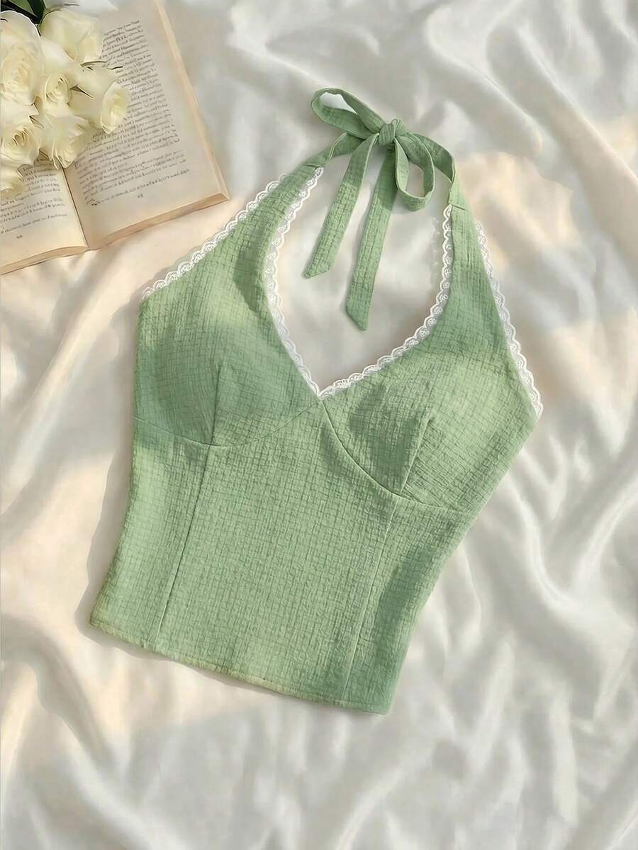 SHEIN MOD Atasan Wanita Model Halter Neck dengan Renda Kontras, Warna Hijau Sage, Cocok untuk Liburan Musim Panas dan Tampilan Menawan - Hijau - View 1