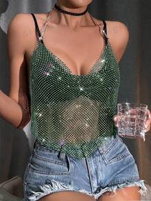 VaVaBold Top de tirantes con superposición de malla de red y tachuelas de strass para ropa de fiesta de vacaciones - Verde Oscuro - Ver 4