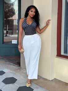 Alexandranx Einfarbige lässige Vintage Baggy Palazzo Hose mit Taschen, Damen Frühling Sommer weite Bein Anzughose, Damen Anzughose Business Kleidung Weiß - Weiss - Übersicht 1