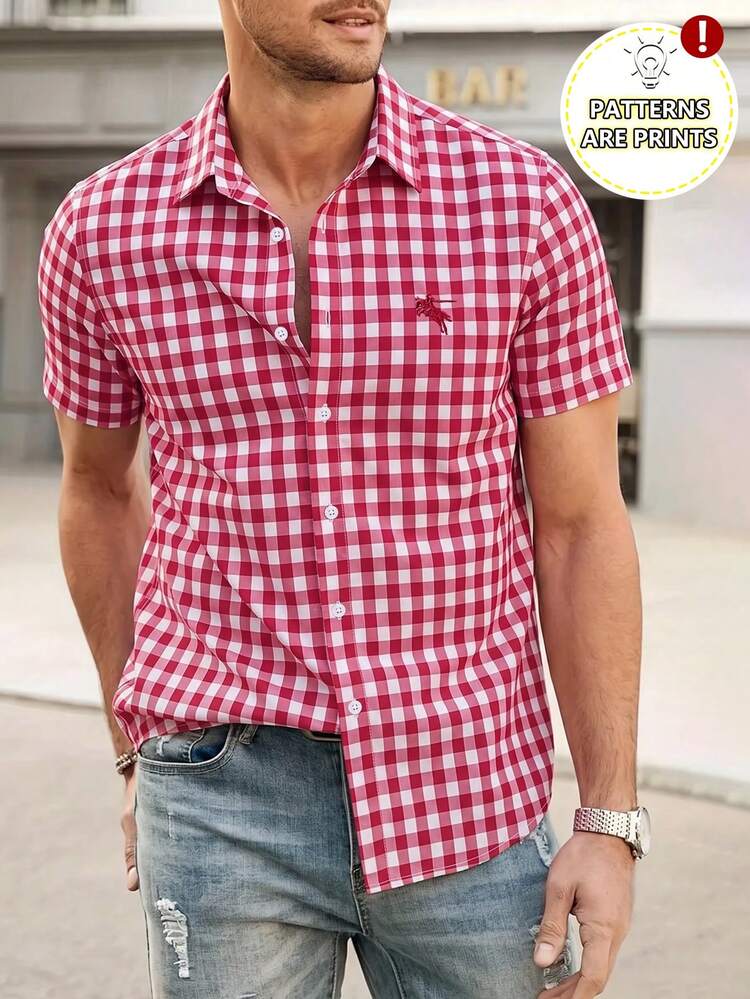 Manfinity Homme Red Short Sleeve Plaid Shirt With Unique Embroidered Logo, Fresh Checked Casual Versatile Fashion Summer Casual Shirt - Red - View 1