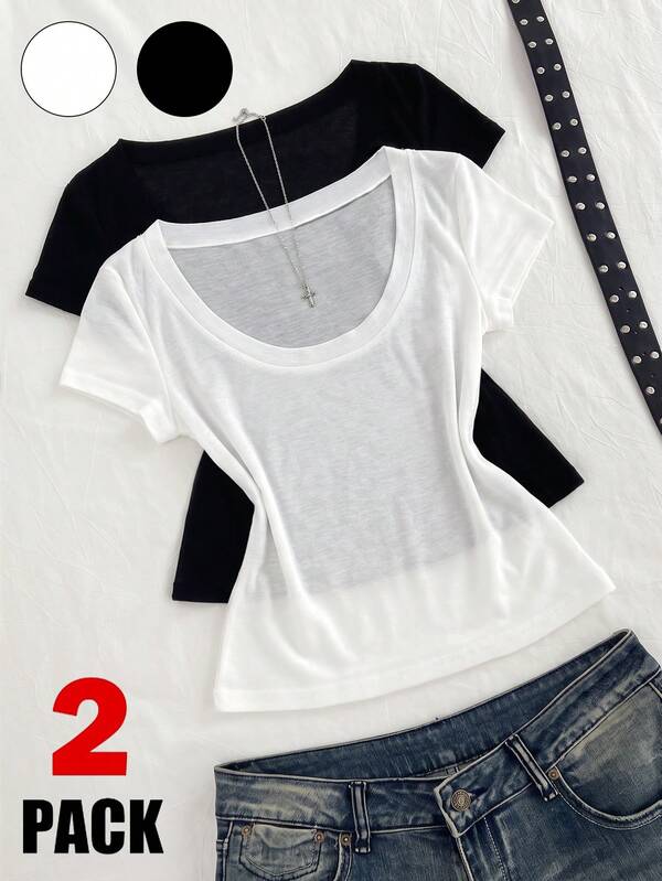 Sweetra Plus Size Women 2pcs Set New Versatile Retro Style Sheer Chiffon Comfortable Plus Size Scoop Neck Short Sleeve T-Shirt, Casual Scoop Neck T-Shirt, Black Short Sleeve, White Short Sleeve 2pcs Set T-Shirt, College Style T-Shirt, Office T-Shirt, Home T-Shirt, Autumn T-Shirt, Suitable For All Seasons