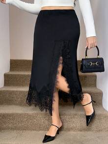 Easowa Curve Plus Size Elegant Lace Patchwork Skirt Fall - Black - View 7