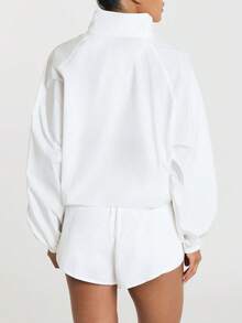 11SKNDS Oversized Mock Neck Full Zip Windbreaker Jacket With Raglan Sleeves And Elasticated Hem Spring Transitional Outerwear Layer - White - View 2