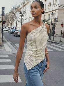 Maija Damen One-Shoulder Top mit verdrehtem Saum, asymmetrisches gestreiftes Top, Vintage Old Money Lehrerinnen-Stil, romantische Mode, vielseitiges Sommer-Party-Top für Strand, Urlaub, Ausflüge, Abschlussfeier, elegante Bluse, lässiges Hemd, formelle Kleidung für Arbeit und Büro - Verschiedenfarbig - Übersicht 1